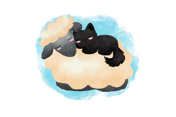 Cat Sleeping on Top of a Sheep Watercolor