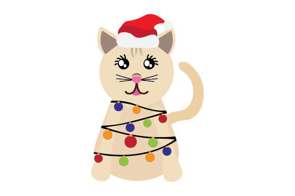 Christmas Cat Kawaii Wrapped in Christmas Lights