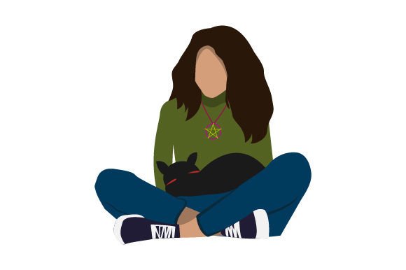 Modern Woman Petting a Black Cat - Pagan