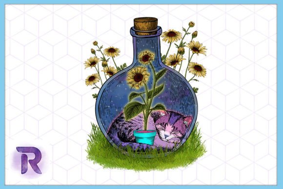 Relax Cat Sunflower World in Jar PNG