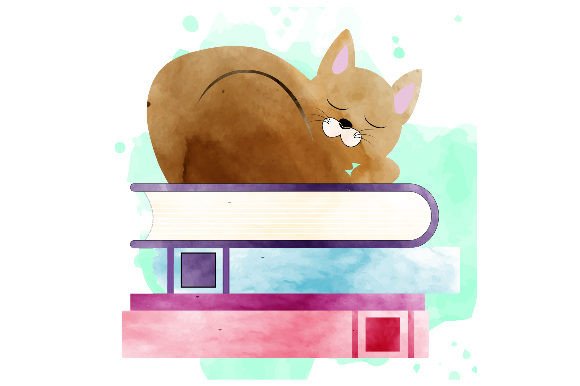 Watercolor Cat Sleeping on a Stack of Books